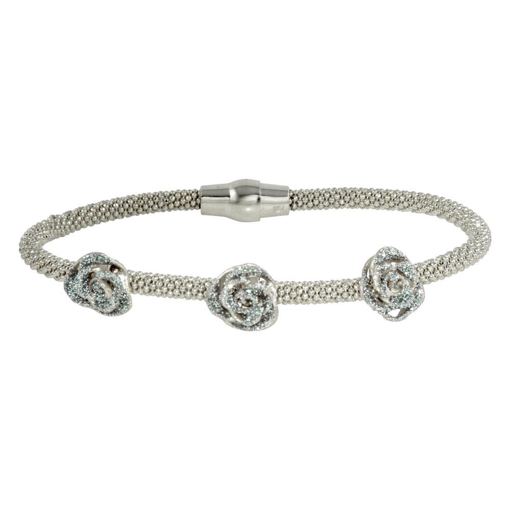 925 Sterling Silver Clearance-Rhodium Plated Magnetic Bracelet with 3 Roses