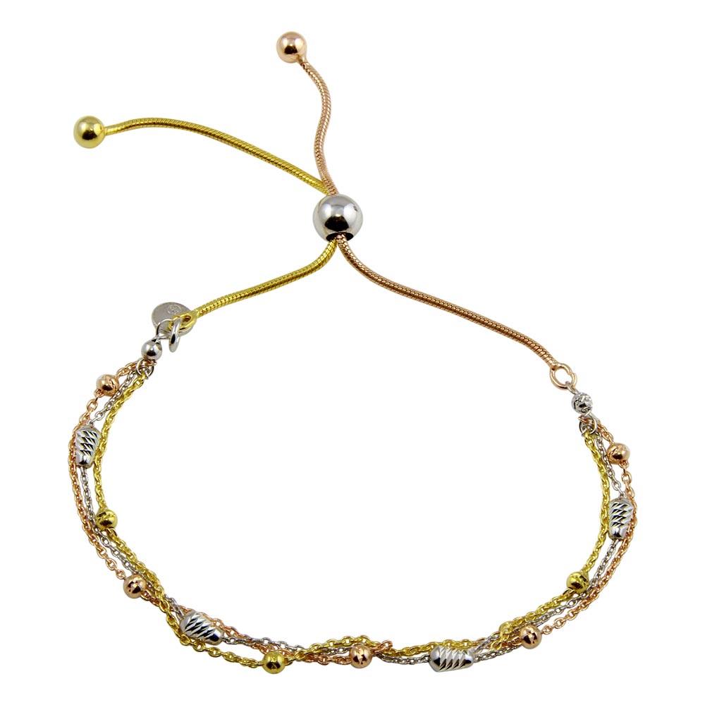 925 Sterling Silver Three-Tone Plated Multi Chain Bar And Bead Lariat Bracelet