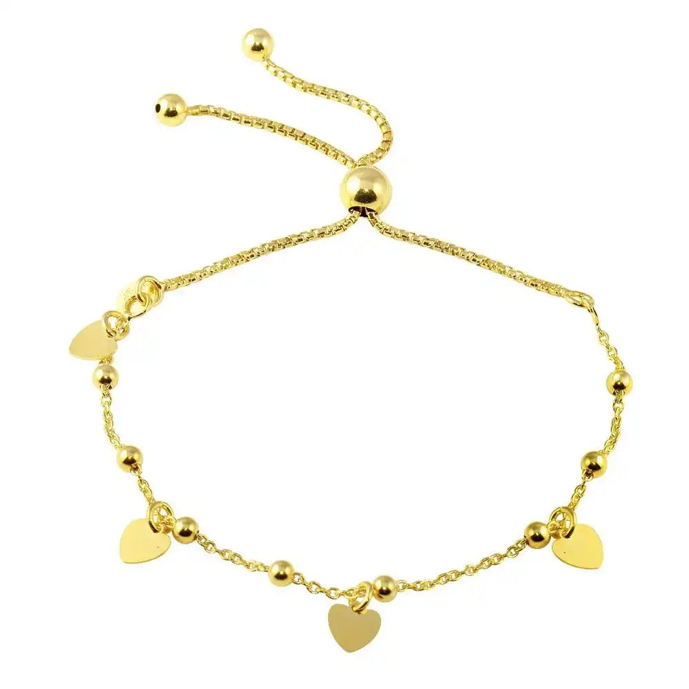 925 Sterling Silver Gold Plated Box Chain Multi Heart and Bead Lariat Bracelet