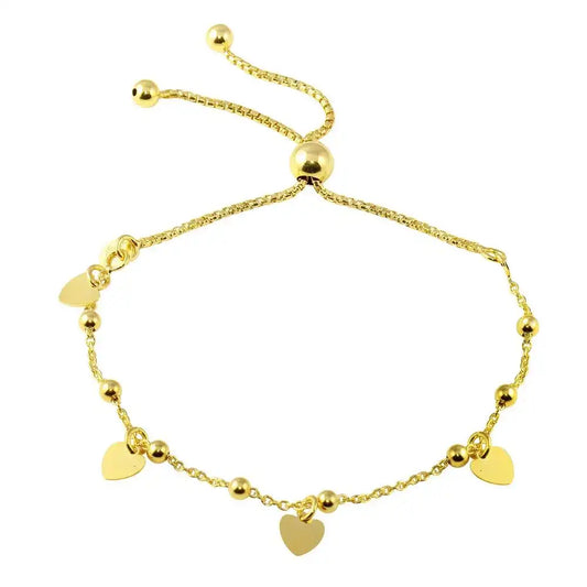 925 Sterling Silver Gold Plated Box Chain Multi Heart and Bead Lariat Bracelet