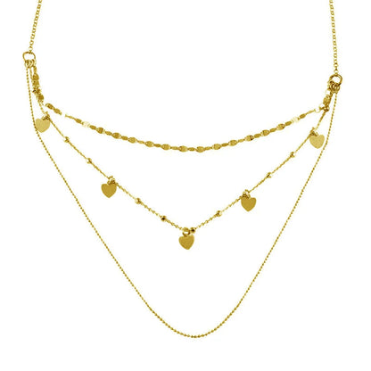 925 Sterling Silver Gold Plated Multi Chain Dangling Hearts Necklace