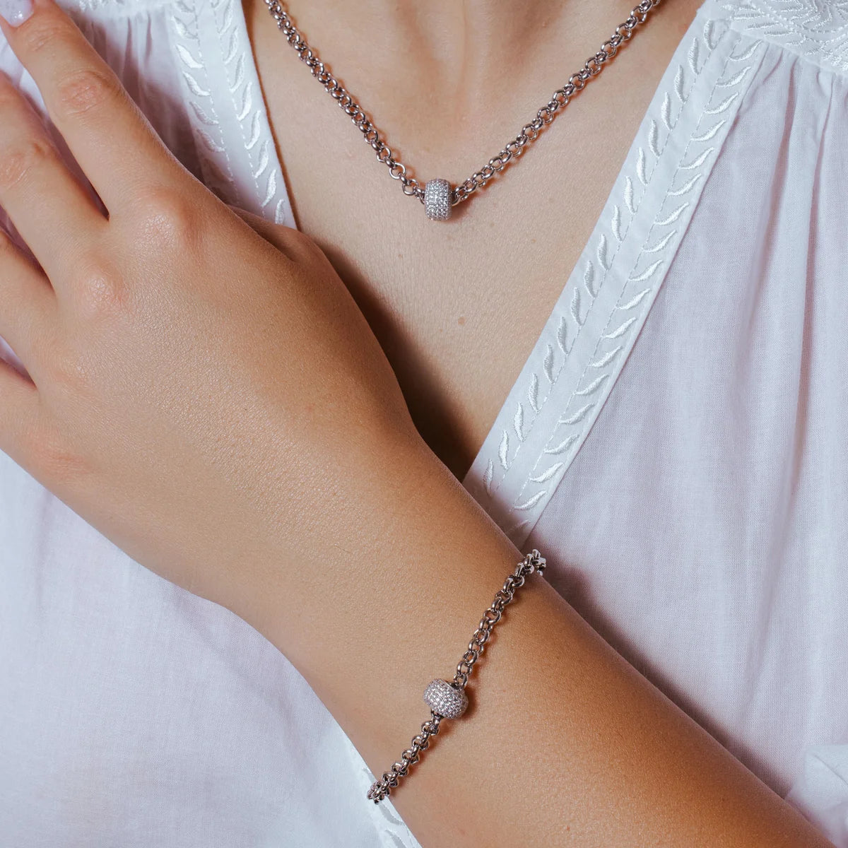 925 Silver Rhodium Plated Rolo Bracelet with Micro Pave Center Bead