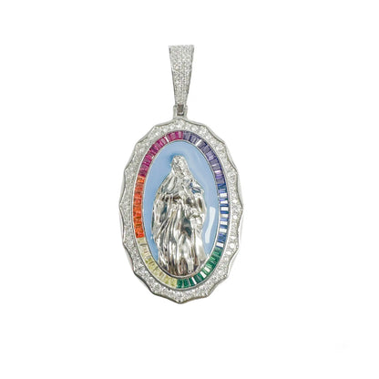 925 Sterling Silver Rhodium Plated Virgin Mary Multicolor Baguette Stone and Clear CZ Pendant