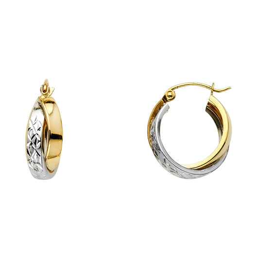 14K Two-Tone Gold High-Polished & Diamond-Cut Hoop Earrings aprox 1/2" in diameter