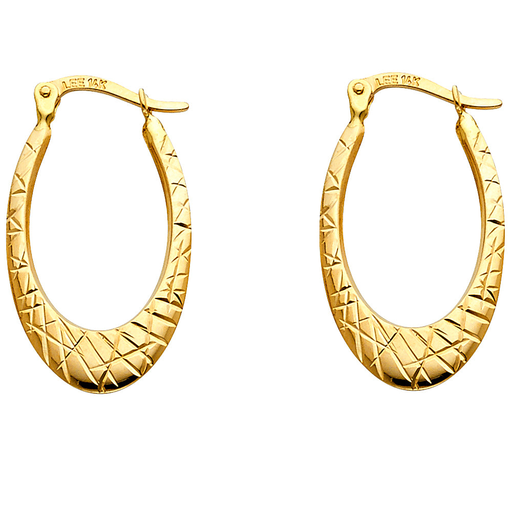 14K Yellow Gold Diamond-Cut Oval Hoop Earrings 1" tall