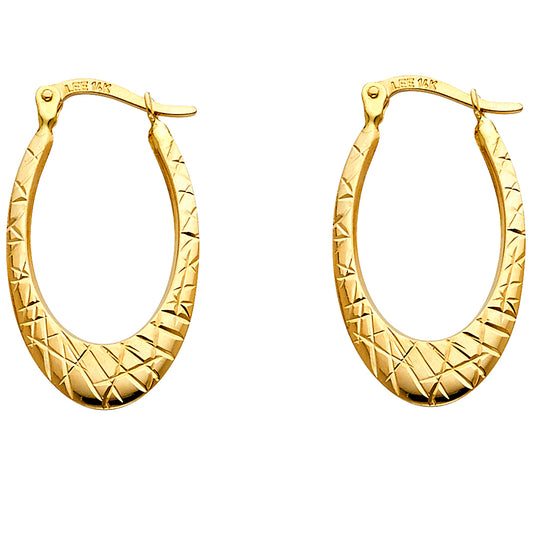 14K Yellow Gold Diamond-Cut Oval Hoop Earrings 1" tall