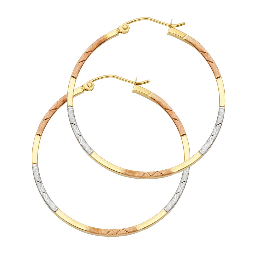 14K Tri-Color Gold Diamond-Cut Hoop Earrings 1.5mm thick aprox 1" in diameter