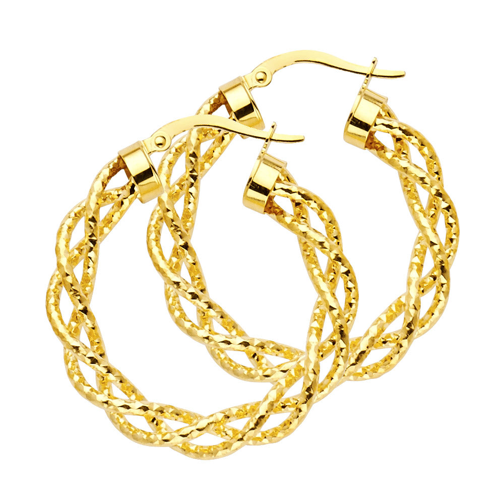 14K Yellow Gold Twisted Diamond-Cut Hoop Earrings aprox 1 1/4" tall