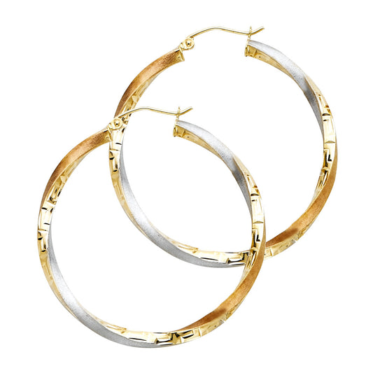 14K Tri-Color Gold Greek-Key Design Twisted Hoop Earrings 3mm thick aprox 1.5" in diameter