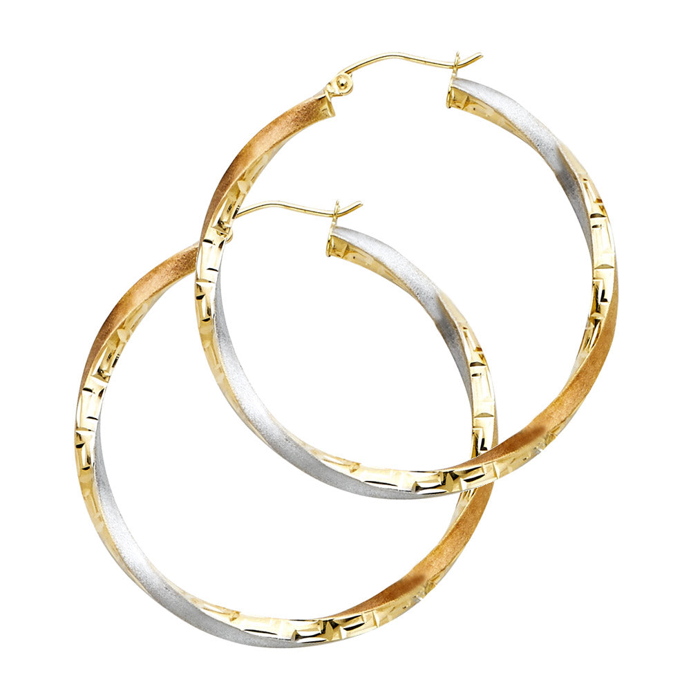 14K Tri-Color Gold Greek-Key Design Twisted Hoop Earrings 3mm thick aprox 1.25" in diameter