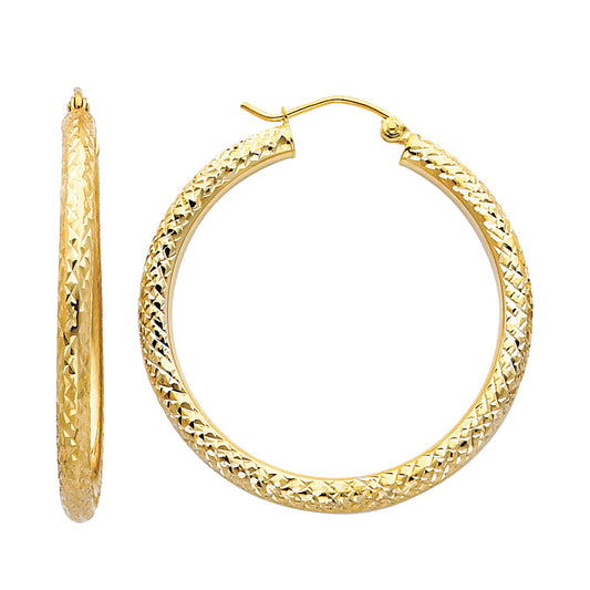 14K Yellow Gold Diamond-Cut Hoop Earrings 3mm thick aprox 1.5" in diameter