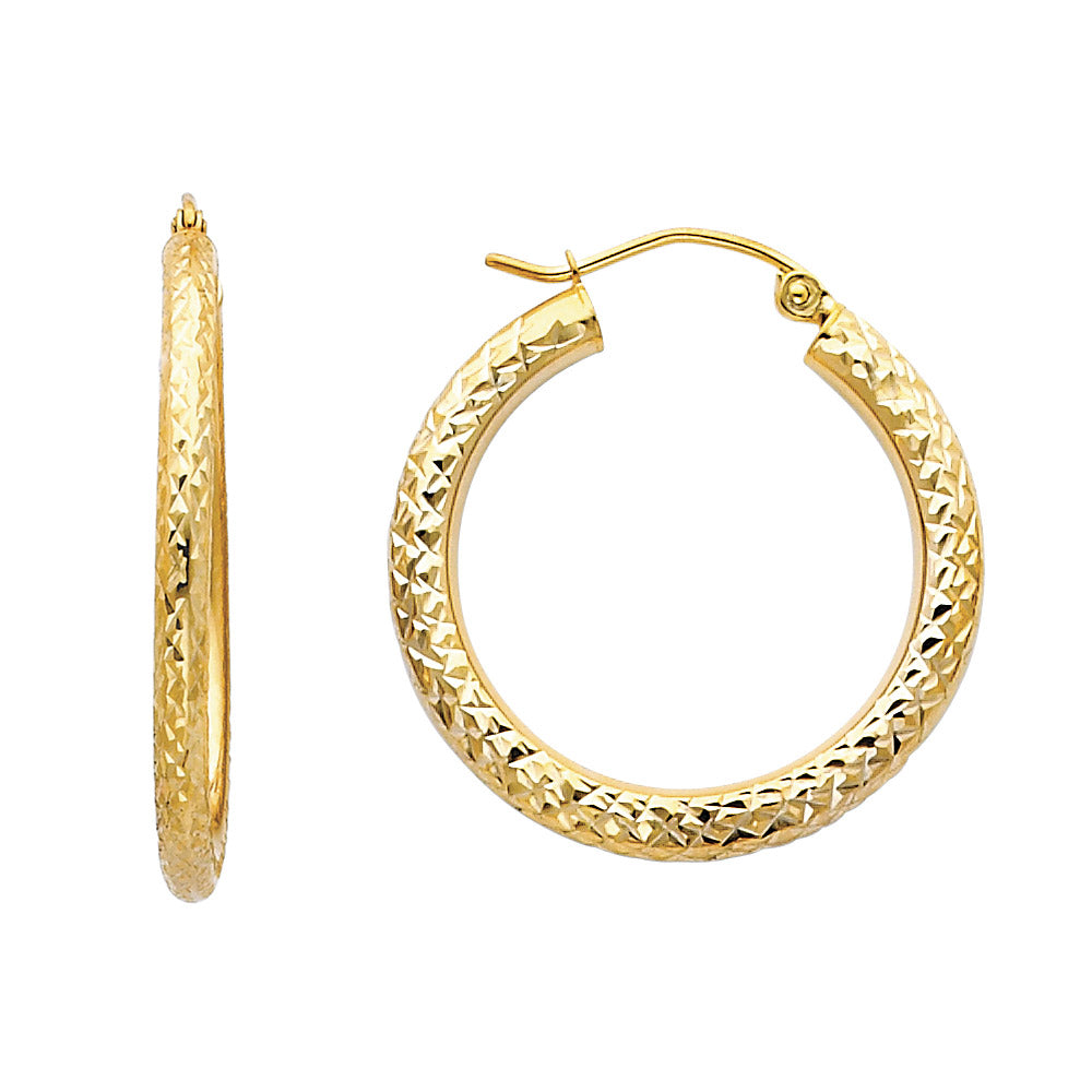 14K Yellow Gold Diamond-Cut Hoop Earrings 3mm thick aprox 1" in diameter