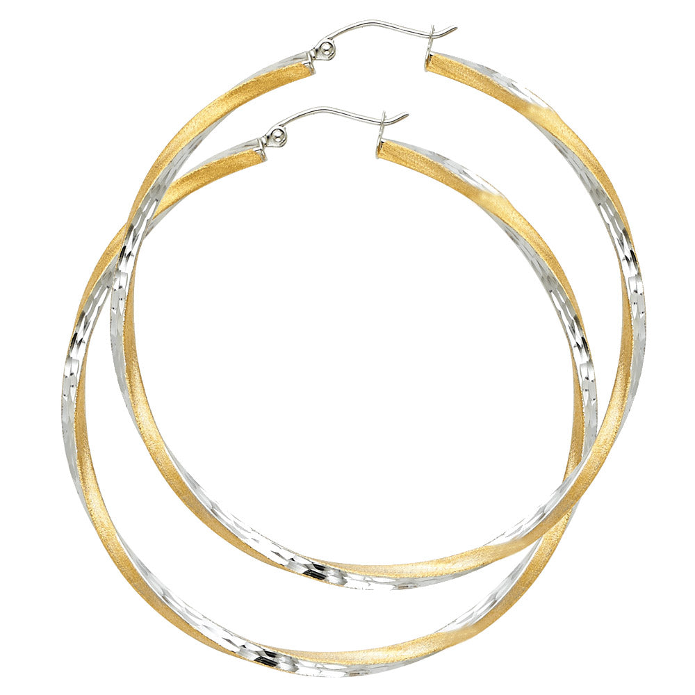 14K Two-Tone Gold Twisted Diamond-Cut Hoop Earrings 2.5mm thick aprox 2 1/4" tall