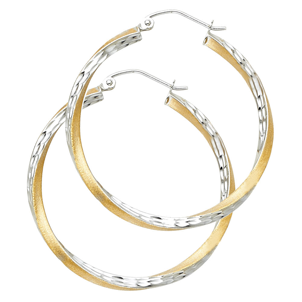 14K Two-Tone Gold Twisted Diamond-Cut Hoop Earrings 2.5mm thick aprox 1 1/2" tall