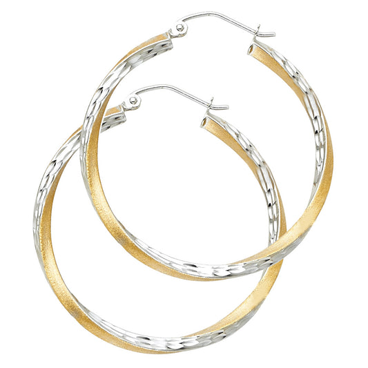 14K Two-Tone Gold Twisted Diamond-Cut Hoop Earrings 2.5mm thick aprox 1 1/2" tall
