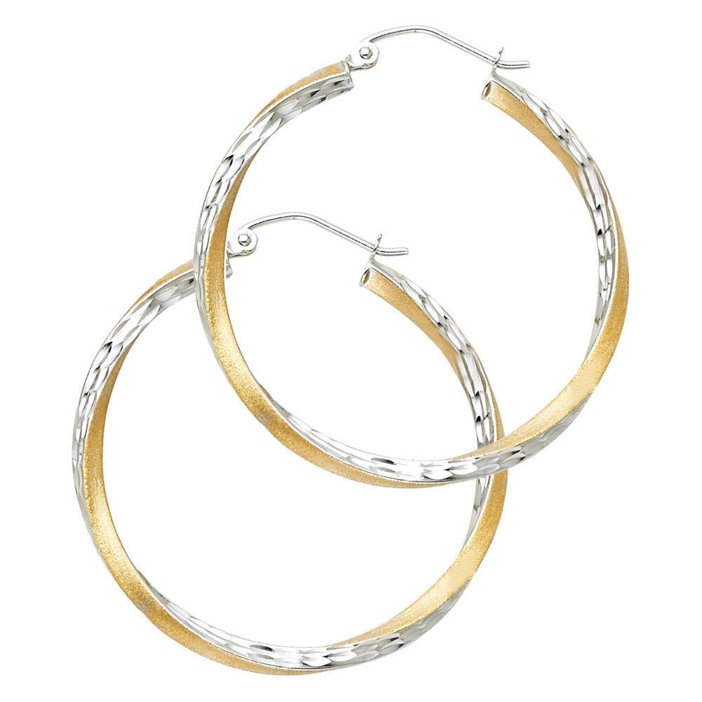 14K Two-Tone Gold Twisted Diamond-Cut Hoop Earrings 2.5mm thick aprox 1 1/4" tall