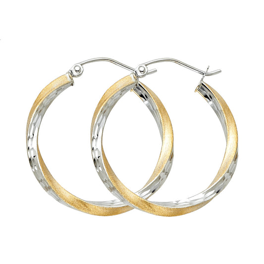 14K Two-Tone Gold Twisted Diamond-Cut Hoop Earrings 2.5mm thick aprox 1" tall