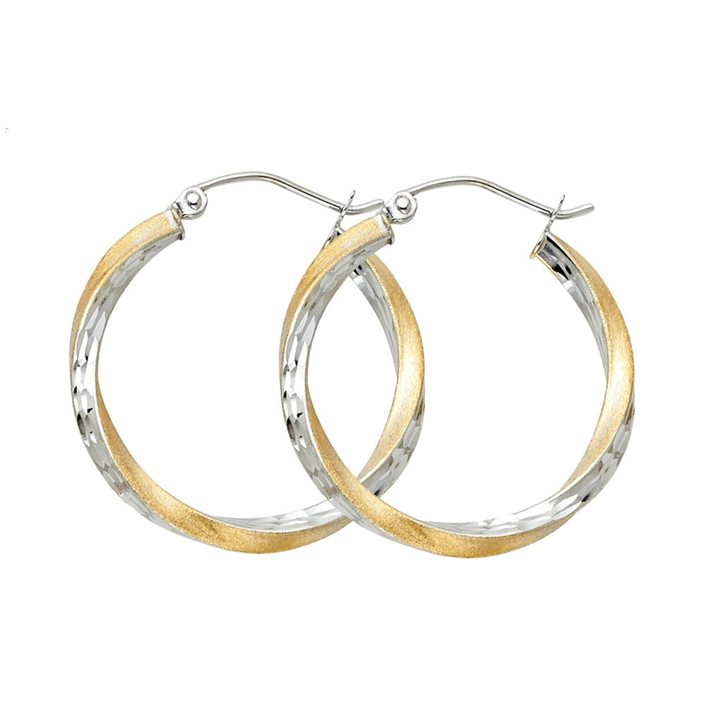 14K Two-Tone Gold Twisted Diamond-Cut Hoop Earrings 2.5mm thick aprox 3/4" tall