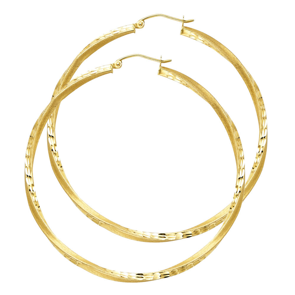 14K Yellow Gold Twisted Diamond-Cut Hoop Earrings 2.5mm thick aprox 2 1/4" tall