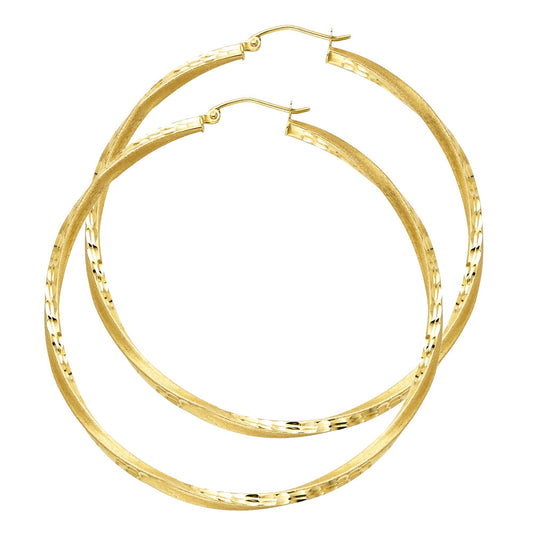 14K Yellow Gold Twisted Diamond-Cut Hoop Earrings 2.5mm thick aprox 2 1/4" tall