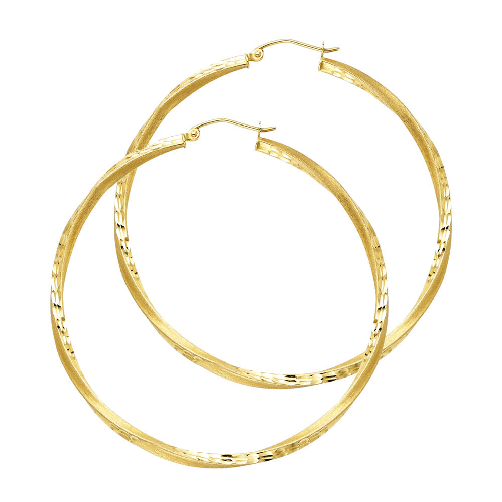 14K Yellow Gold Twisted Diamond-Cut Hoop Earrings 2.5mm thick aprox 1 3/4" tall