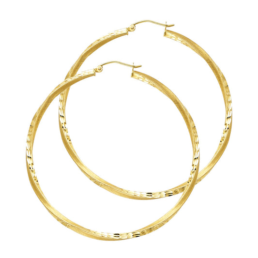 14K Yellow Gold Twisted Diamond-Cut Hoop Earrings 2.5mm thick aprox 1 3/4" tall