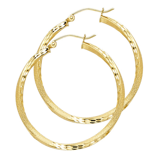 14K Yellow Gold Twisted Diamond-Cut Hoop Earrings 2.5mm thick aprox 1 1/2" tall