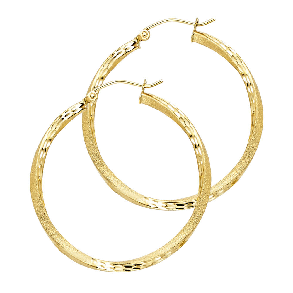 14K Yellow Gold Twisted Diamond-Cut Hoop Earrings 2.5mm thick aprox 1 1/4" tall