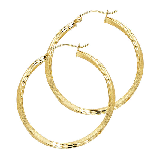 14K Yellow Gold Twisted Diamond-Cut Hoop Earrings 2.5mm thick aprox 1 1/4" tall