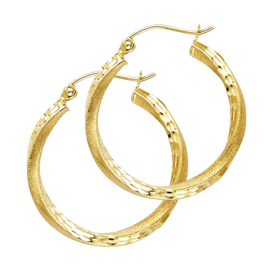 14K Yellow Gold Twisted Diamond-Cut Hoop Earrings 2.5mm thick aprox 1" tall