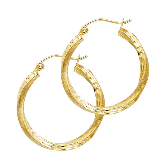 14K Yellow Gold Twisted Diamond-Cut Hoop Earrings 2.5mm thick aprox 3/4" tall