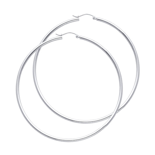 14K White Gold Hollow Hoop Earrings 2.0mm Thick Aprox 2.6" in Diameter