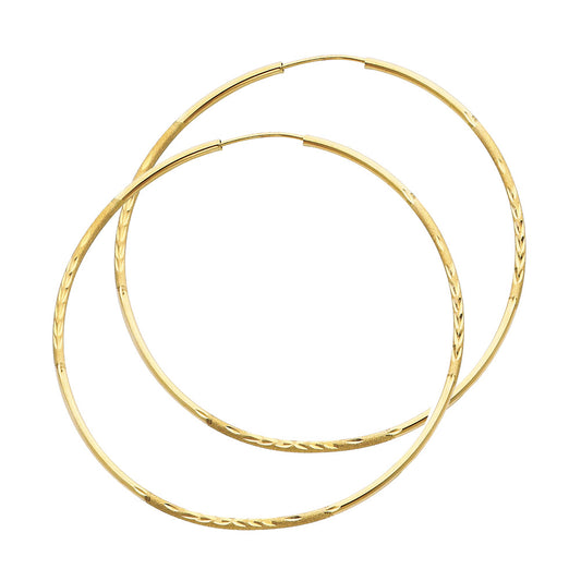 14K Yellow Gold Hollow Satin-Finish / Diamond Cut Hoop Earrings 1.5mm Thick Aprox 2.2" in Diameter