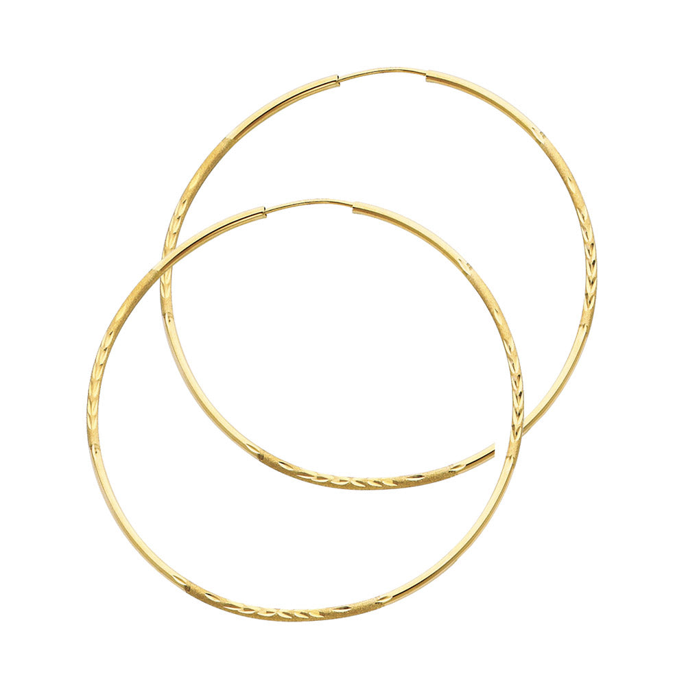 14K Yellow Gold Hollow Satin-Finish / Diamond Cut Hoop Earrings 1.5mm Thick Aprox 1.7" in Diameter