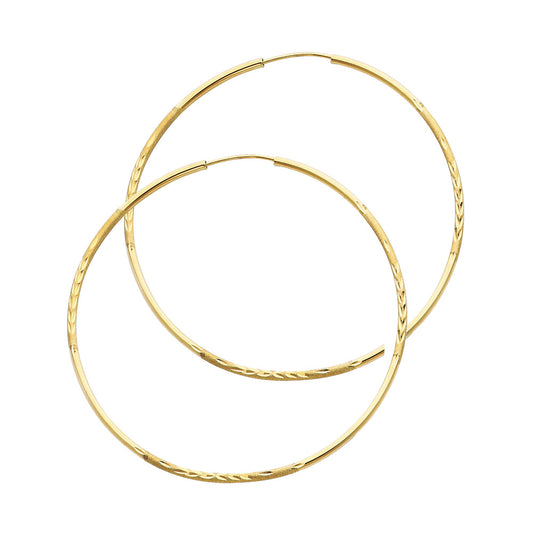14K Yellow Gold Hollow Satin-Finish / Diamond Cut Hoop Earrings 1.5mm Thick Aprox 1.7" in Diameter