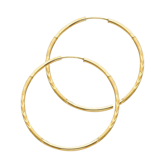 14K Yellow Gold Hollow Satin-Finish / Diamond Cut Hoop Earrings 1.5mm Thick Aprox 1.2" in Diameter