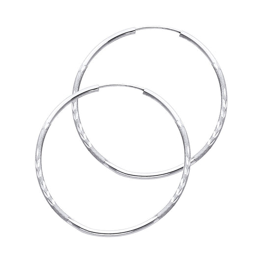 14K White Gold Hollow Satin-Finish / Diamond Cut Hoop Earrings 1.5mm Thick Aprox 1.2" in Diameter