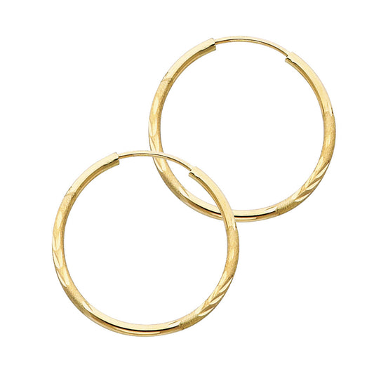14K Yellow Gold Hollow Satin-Finish / Diamond Cut Hoop Earrings 1.5mm Thick Aprox 1.0" in Diameter