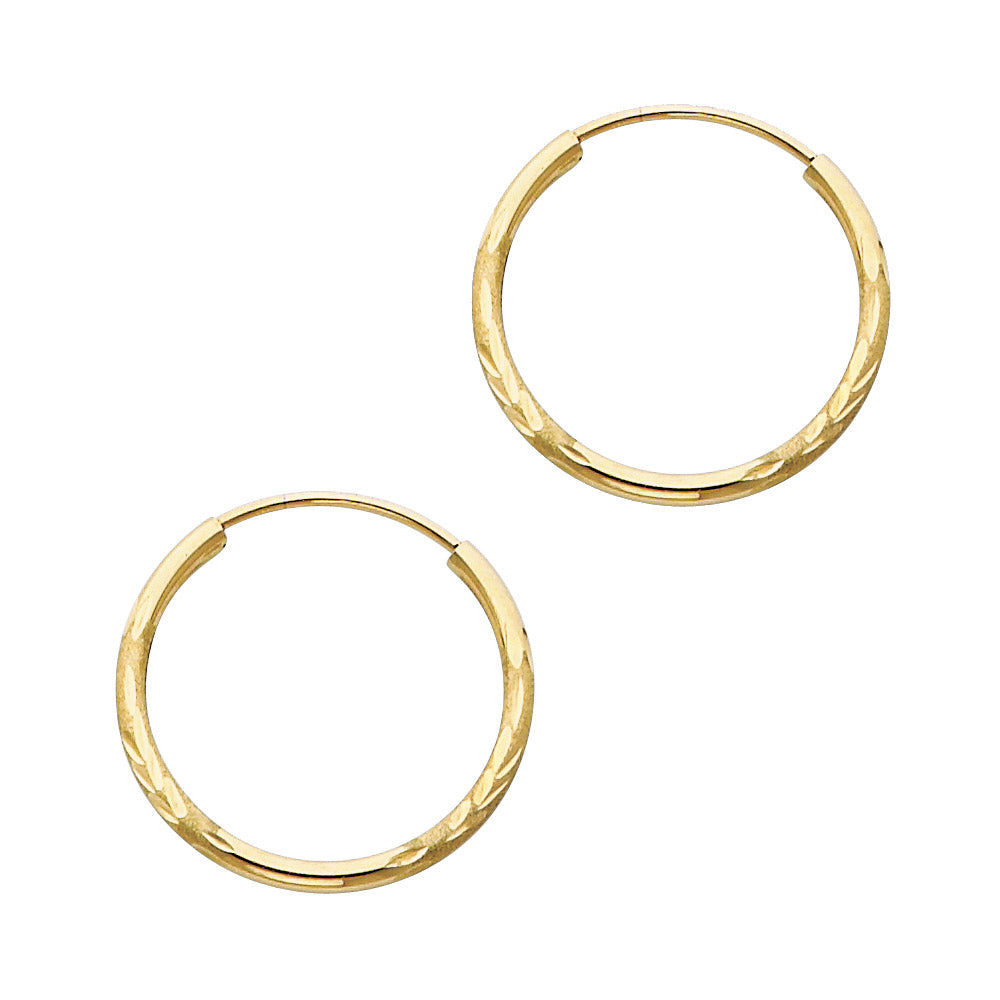 14K Yellow Gold Hollow Satin-Finish / Diamond Cut Hoop Earrings 1.5mm Thick Aprox 0.8" in Diameter