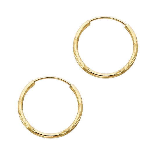 14K Yellow Gold Hollow Satin-Finish / Diamond Cut Hoop Earrings 1.5mm Thick Aprox 0.8" in Diameter