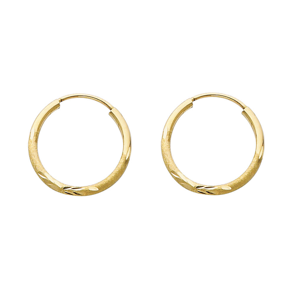 14K Yellow Gold Hollow Satin-Finish / Diamond Cut Hoop Earrings 1.5mm Thick Aprox 0.7" in Diameter