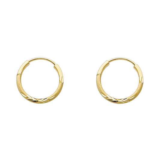 14K Yellow Gold Hollow Satin-Finish / Diamond Cut Hoop Earrings 1.5mm Thick Aprox 0.6" in Diameter