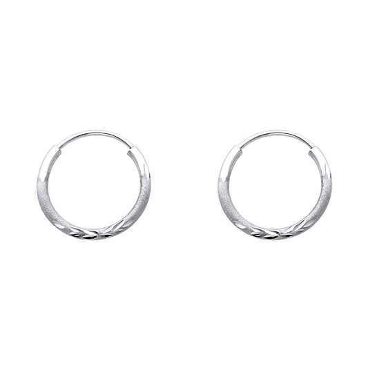 14K White Gold Hollow Satin-Finish / Diamond Cut Hoop Earrings 1.5mm Thick Aprox 0.6" in Diameter