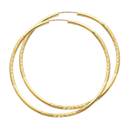 14K Yellow Gold Hollow Satin-Finish / Diamond Cut Hoop Earrings 2.0mm Thick Aprox 2.4" in Diameter