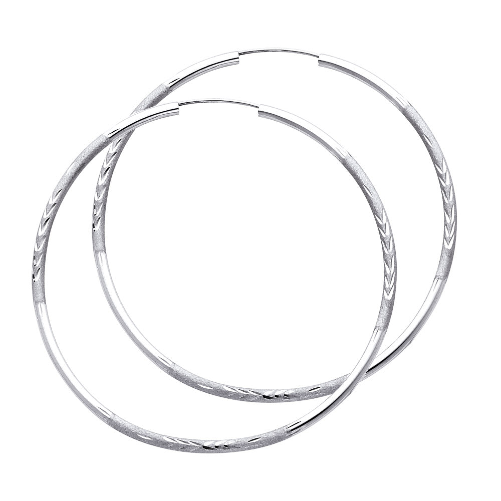 14K White Gold Hollow Satin-Finish / Diamond Cut Hoop Earrings 2.0mm Thick Aprox 2.4" in Diameter
