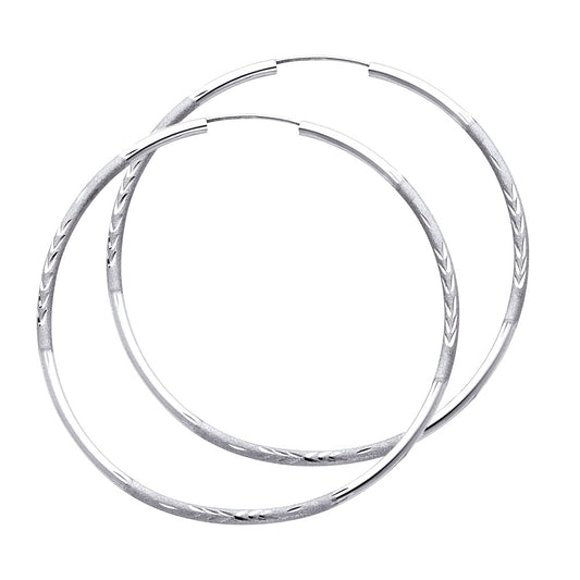 14K White Gold Hollow Satin-Finish / Diamond Cut Hoop Earrings 2.0mm Thick Aprox 2.4" in Diameter