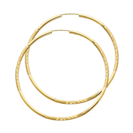 14K Yellow Gold Hollow Satin-Finish / Diamond Cut Hoop Earrings 2.0mm Thick Aprox 2.0" in Diameter