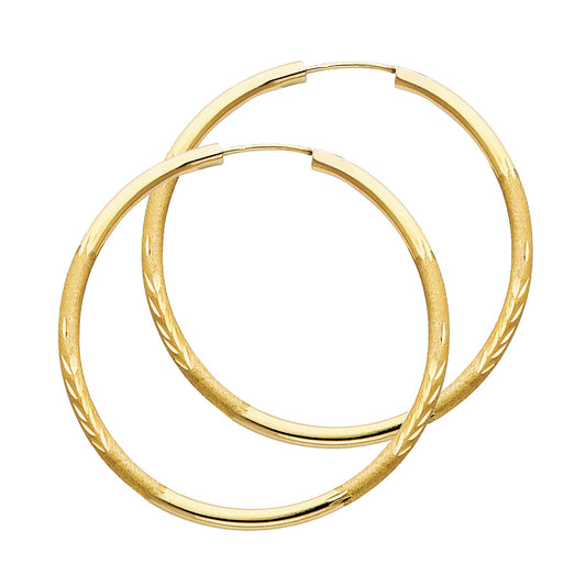 14K Yellow Gold Hollow Satin-Finish / Diamond Cut Hoop Earrings 2.0mm Thick Aprox 1.6" in Diameter