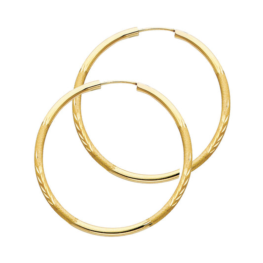 14K Yellow Gold Hollow Satin-Finish / Diamond Cut Hoop Earrings 2.0mm Thick Aprox 1.2" in Diameter