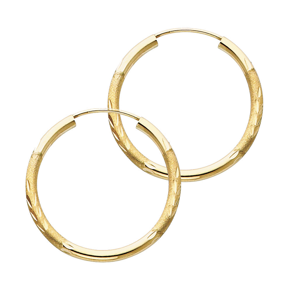 14K Yellow Gold Hollow Satin-Finish / Diamond Cut Hoop Earrings 2.0mm Thick Aprox 1.0" in Diameter